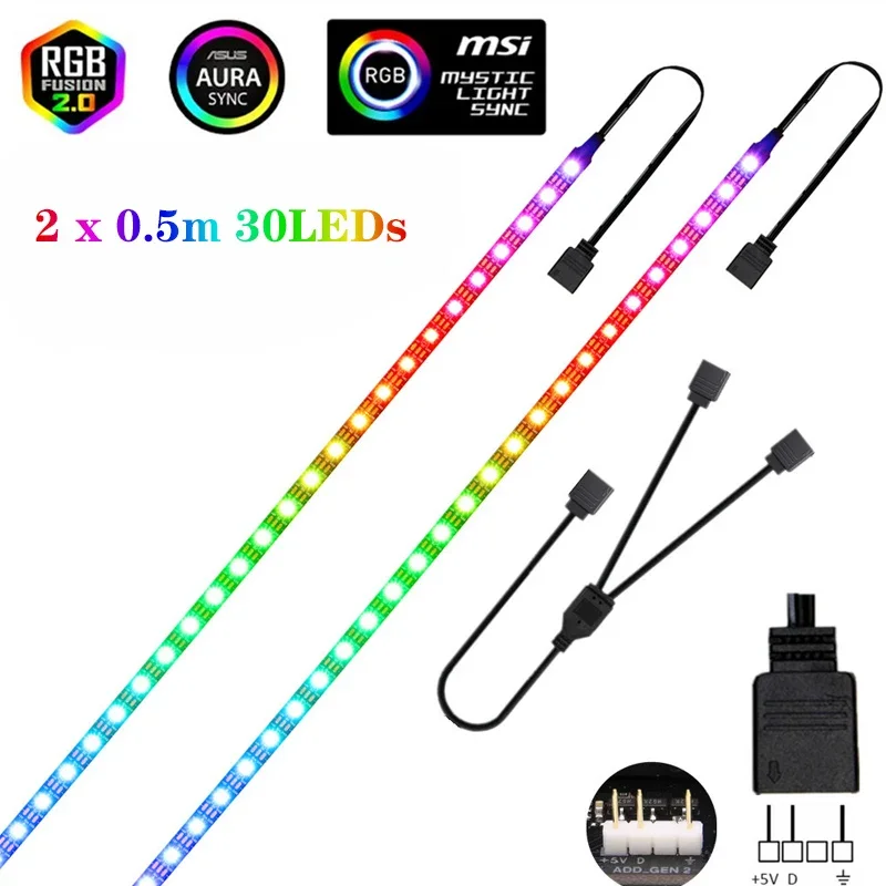 Bande lumineuse LED RGB WS2812B, 5V, 3 broches, adressable, pour ASUS AURA SYNC, MSI Mystic Light Sync, GIGABYTE