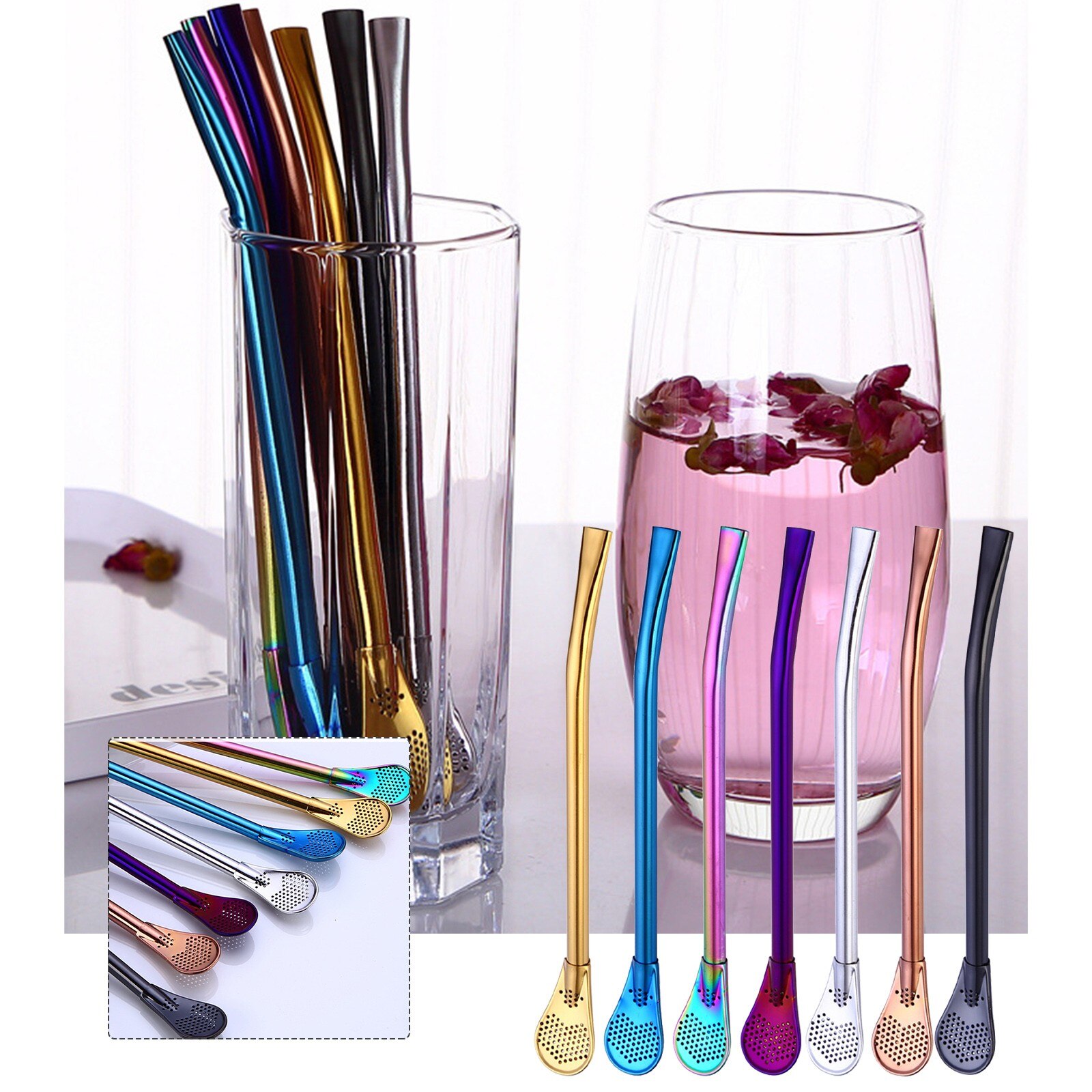 304 Stainless Steel Drinking Straw Spoon Tea Filter Yerba Mate Tea Straws Gourd Washable Tea Tools Kitchen Bar Accessories