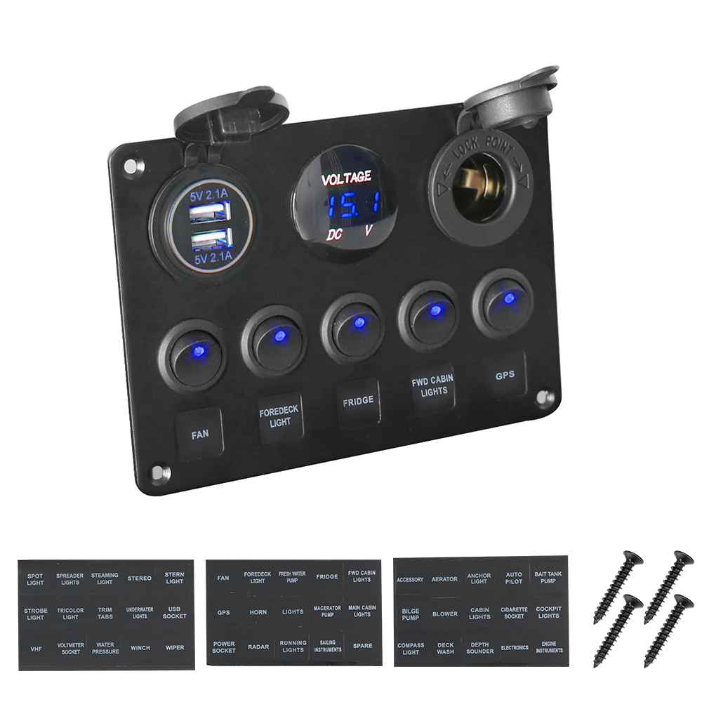 Car Marine Boat LED Rocker Switch Panel Digital Voltmeter Dual USB Port 12V Outlet Combination Waterproof: Blue