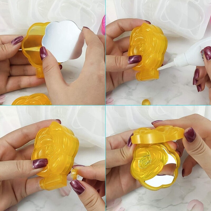 Silicone Resin Mirror Mold-4 Pieces of Folding Compact Mirror Cover Mold with 8 Mirrors, Makeup Mirror Shell for DIY