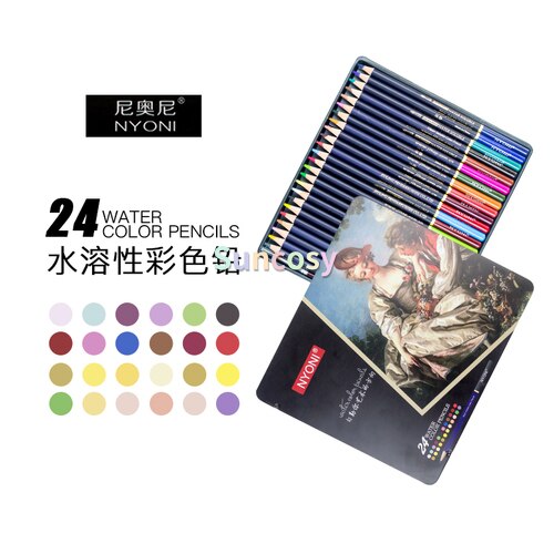 Nyoni 12 / 24 / 36 /48/ 72/agua de color-color soluble plomo caja de hierro color lápiz cepillo conjunto para niños lápices de dibujo arte suministros: 24 color