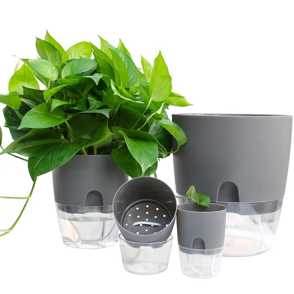 Maceta de agua de plástico de 2 niveles redonda de resina con autorriego hidropónico maceta para plantas hogar Oficina jardín decoración tiesto redondo