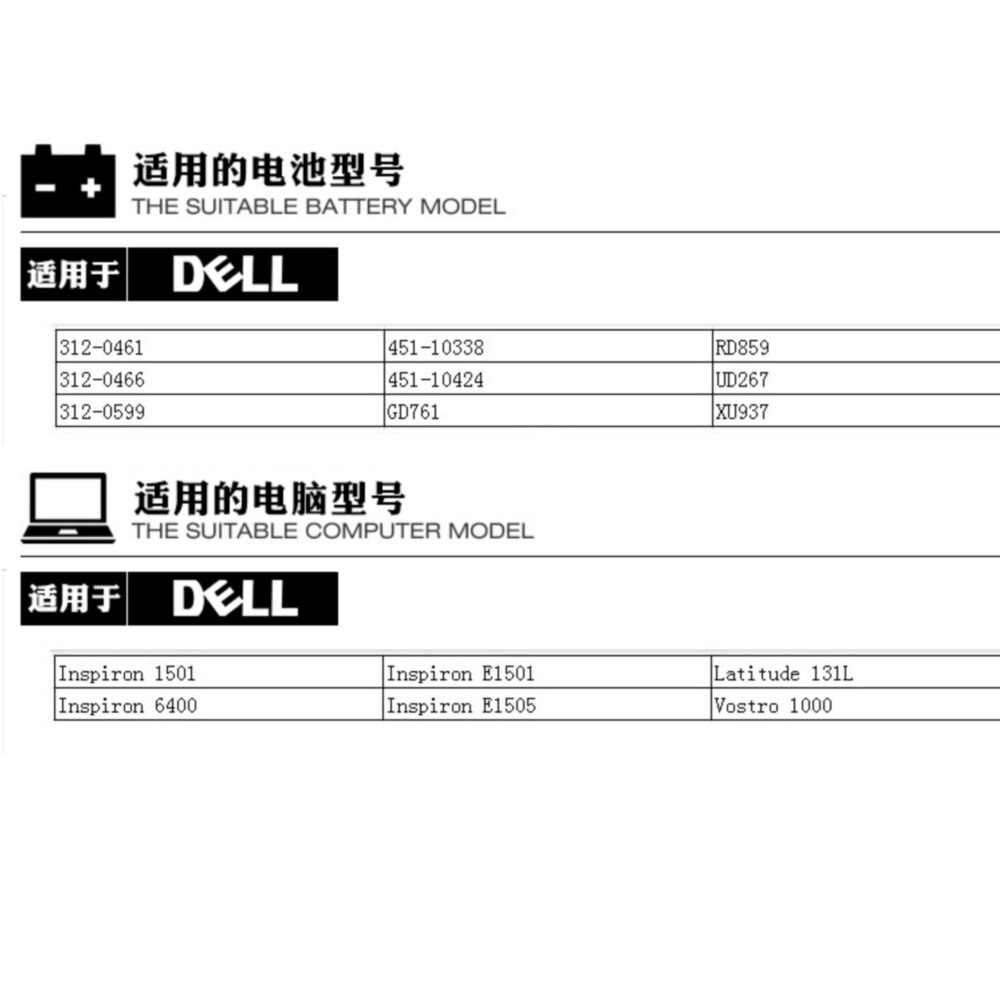 Laptop Battery for Dell 312-0467, 312-0599, 312-0600, 451-10339, 999C5730F, CR174, GD761, HJ588,/607, HK421, JN149 KD476, MJ365