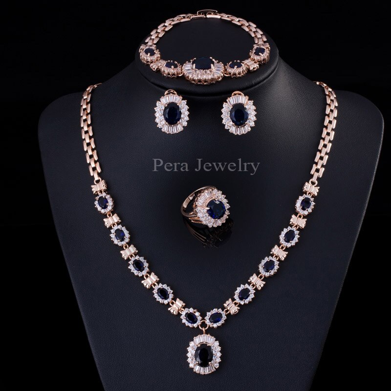 Pera 4 Stuk Sets Grote Zirconia Vrouwen Goud Kleur Ronde Groene Steen Afrikaanse Dubai Bruiloft Sieraden Sets j087: Blue