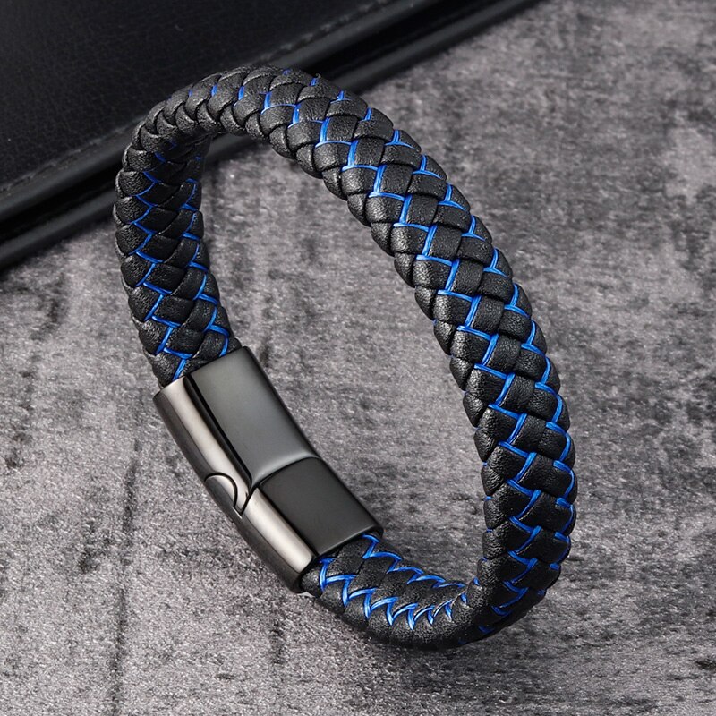 Trendy herre smykker rødt flettet læder reb armbånd sort magnetisk spænde armbånd punk armbånd herre: Blå / 18.5mm