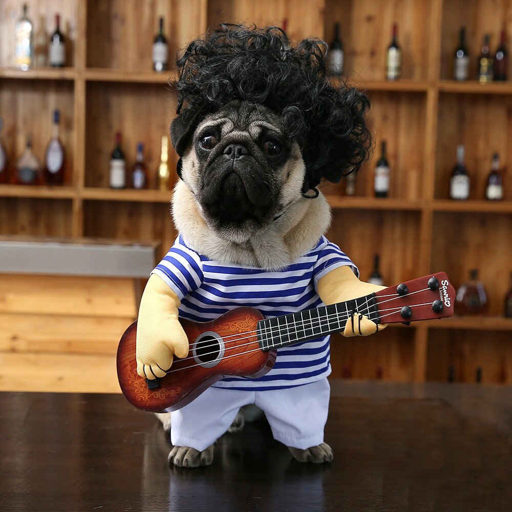Guitarra con reproductor para mascotas, disfraz de perro, disfraz de guitarrista para de Navidad, Halloween, ropa de Año para perros y gatos, peluca grande