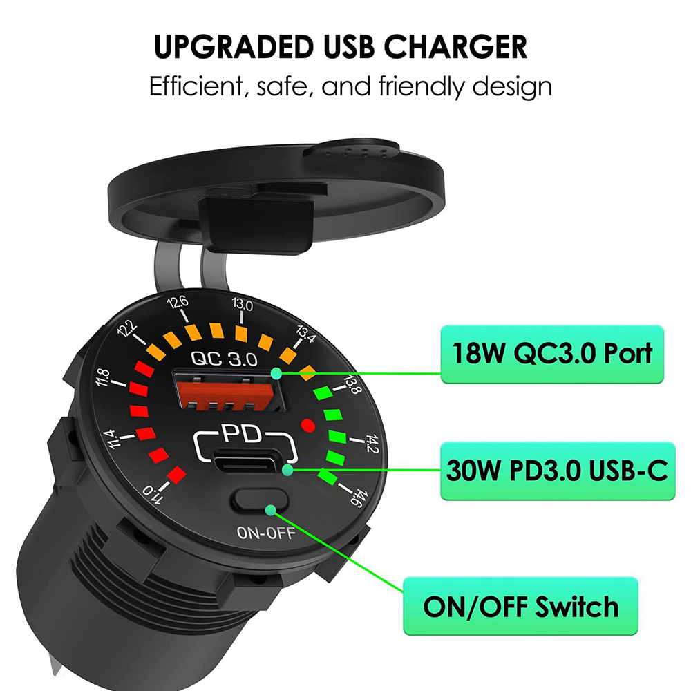 Cargador de coche USB Dual QC 3,0, 36W, 12V, 24V, salida PD impermeable, carga rápida con voltímetro LED, interruptor de encendido y apagado, accesorios para coche
