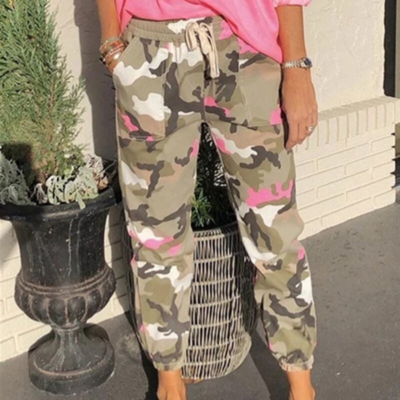 Grijs Camouflage Print Hoge Elastische Taille Volledige Lengte Camo Cargo Broek Vrouwen Kleding Joggingbroek Casual Losse Broek