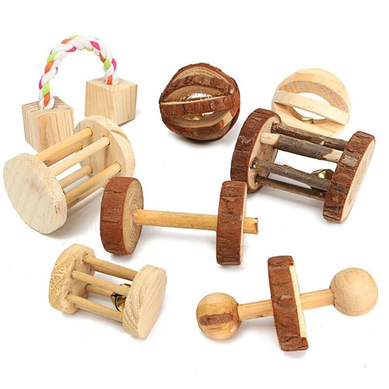 Hamster Natural Wooden Wood Molar Chew Toys Pine Dumbbells Unicycle Bell Roller Toys for Guinea Rat Small Pet Molars Supplies