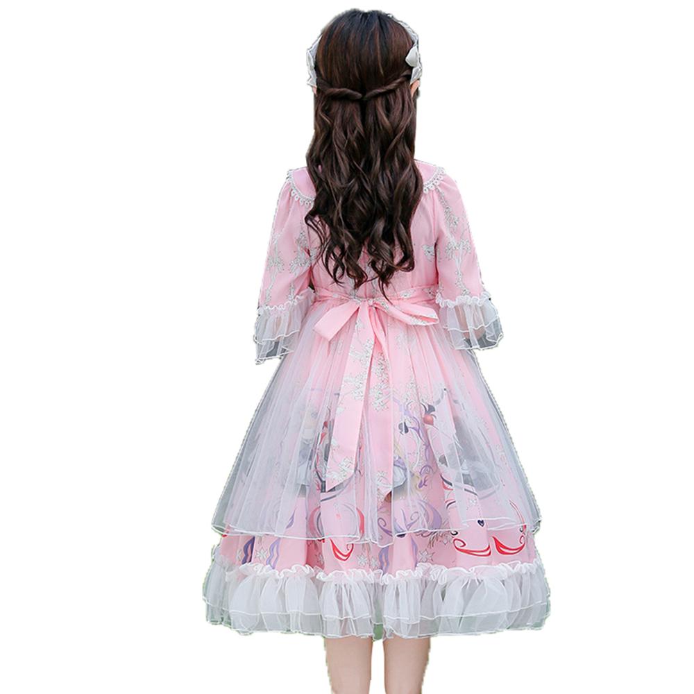 Girls Kids Pan Collar Lace Cover Up Floral Print Sweet Lolita Princess Dress