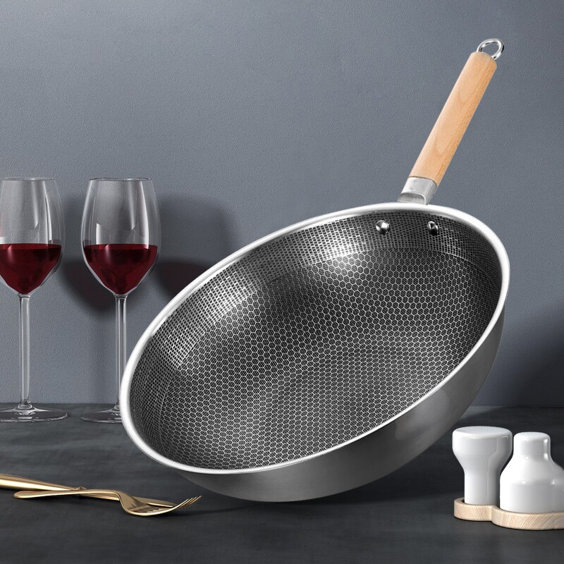 32cm Stainless Steel Wok Uncoated Kitchen Cookware 1.8mm Thick Wok Pan For Electric, Induction and Gas Stoves