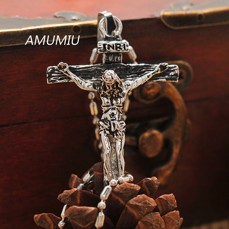 AMUMIU Biker Sieraden Voor Mannen 316L Rvs Pretty INRI Crucifix Hanger Ketting HZP164