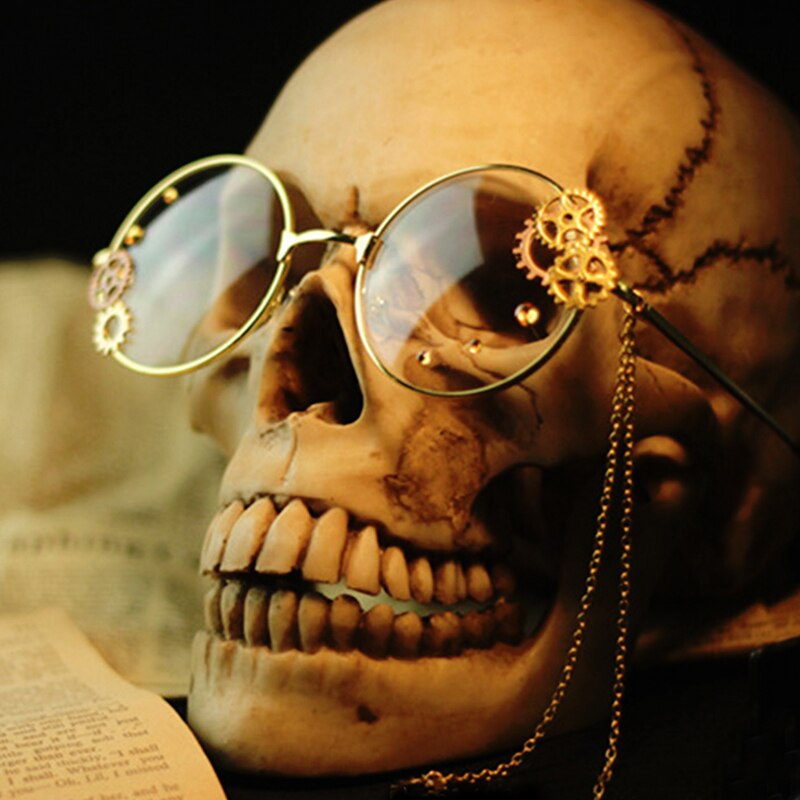 Gafas de Cosplay Steampunk para niñas, lentes con montura óptica, engranaje de Metal con cadena, Retro, Lolita: Gold frame