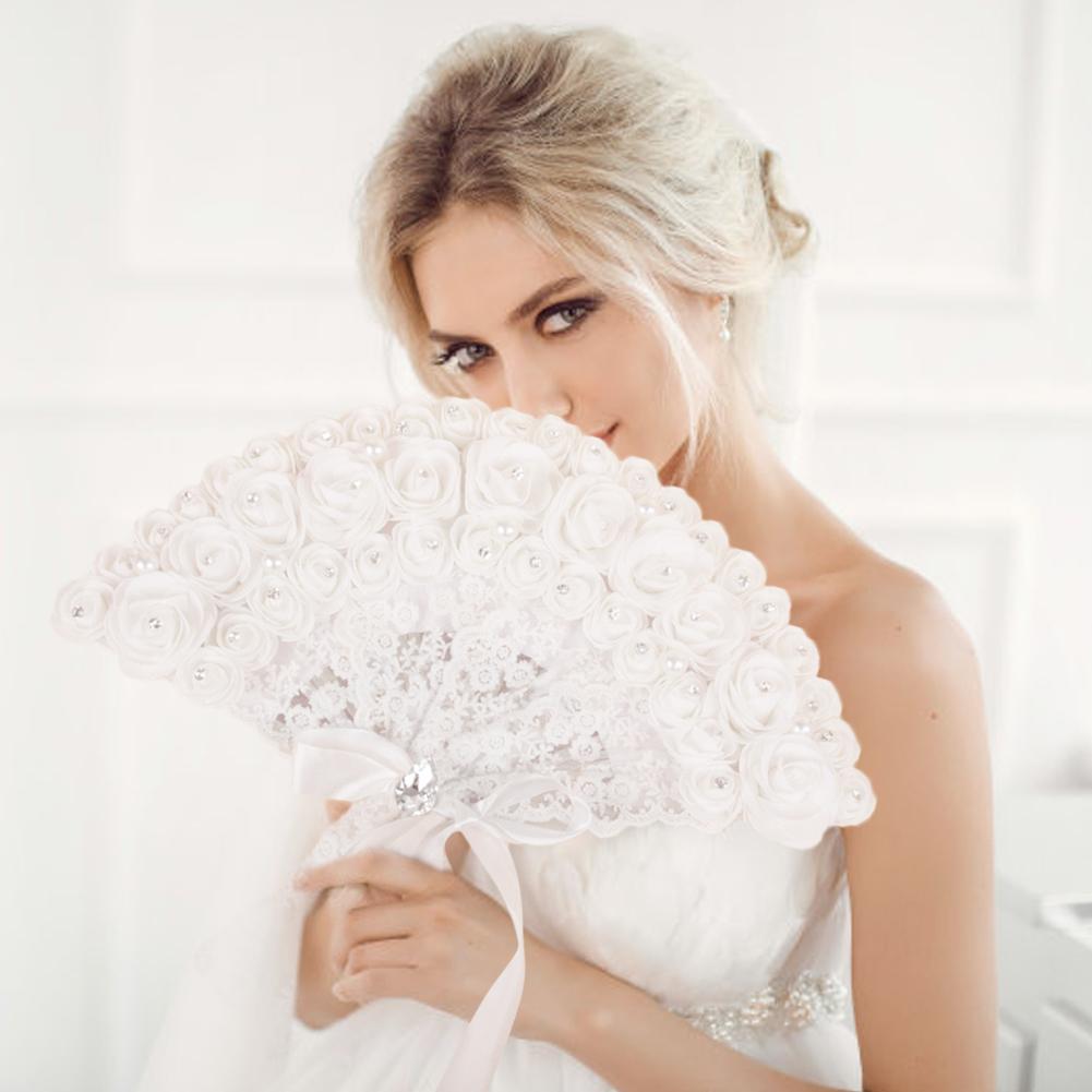 Abanico de mano para novia y boda, accesorio no plegable con perlas de encaje rosa, suministros para de boda, sesión de fotos, accesorios de actuación para escenario