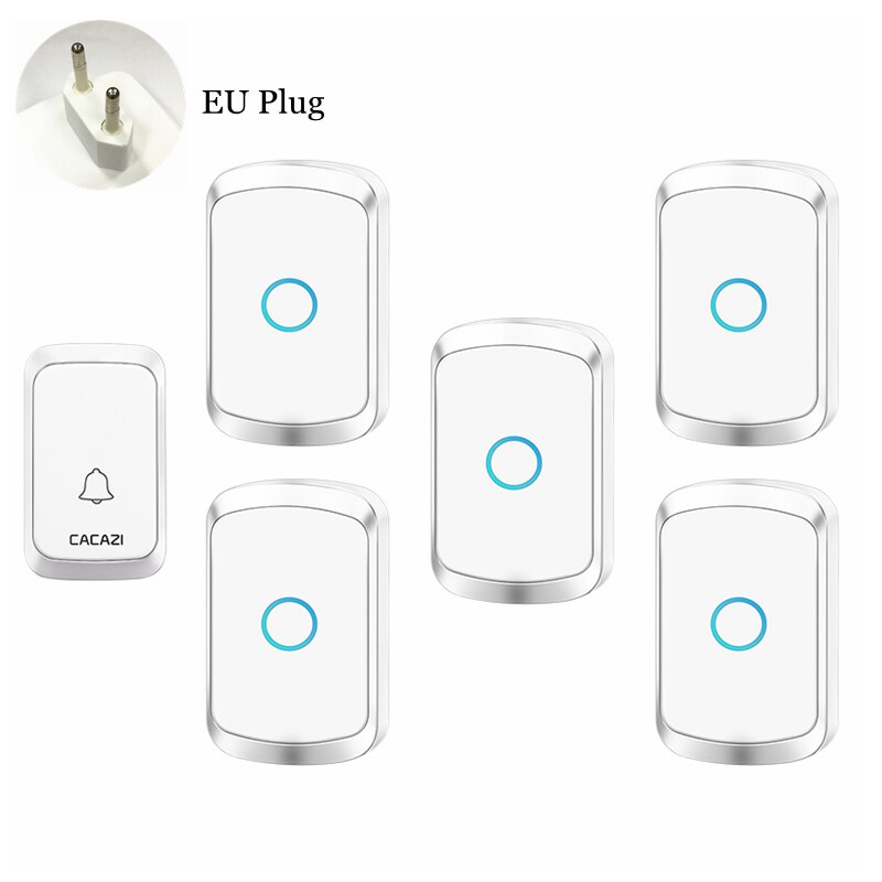 CACAZI Smart Wireless Door Bell Waterproof 1 Transmitter 5 Receiver US EU UK AU Plug Battery Home Bell Chime Wireless Ring Bell: white 1x5 EU