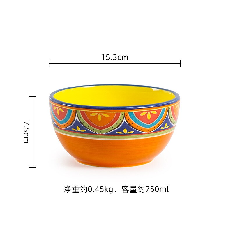 Série latine bols à salade en céramique créatifs, plats occidentaux peints à la main, bols à riz maison sous glaçure, ensemble d'assiettes à nouilles: 6 inch bowl-orange