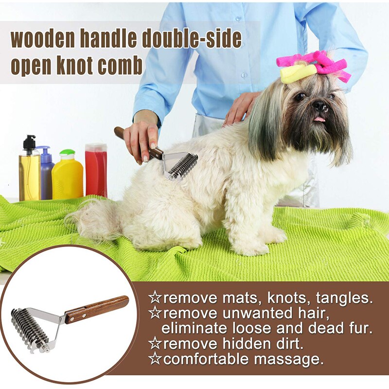 Professionele Hond Borstel Dematting Zachtjes Efficiënte Veilige Huisdier Kam Rake Verwijdert Ondervacht Knopen Houten Handvat Puppy Grooming