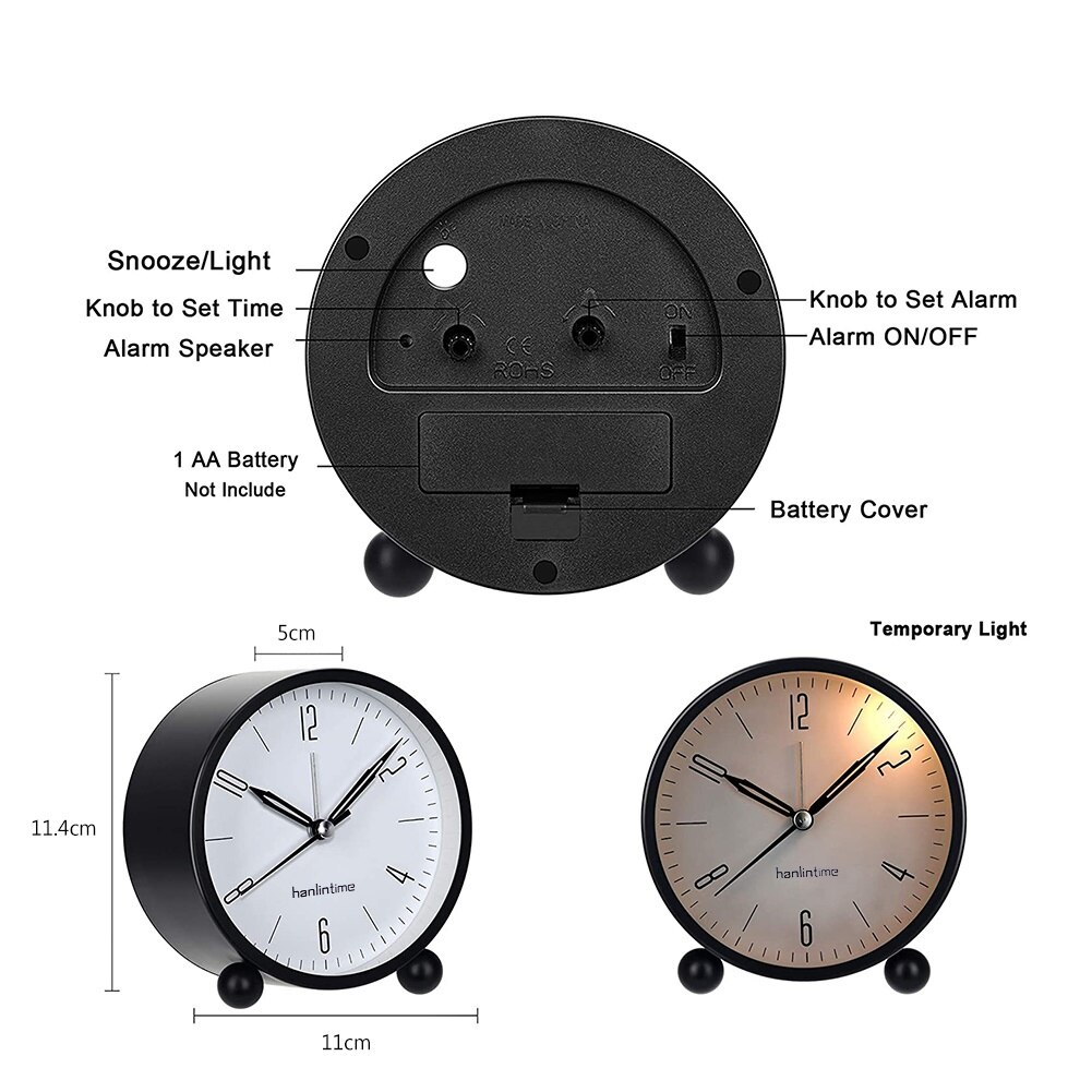 4inch Metal Round Alarm Clock Quiet Desktop Bedroom Battery Operated Timepiece Round Silent Simple Timepiece Alarm Clock