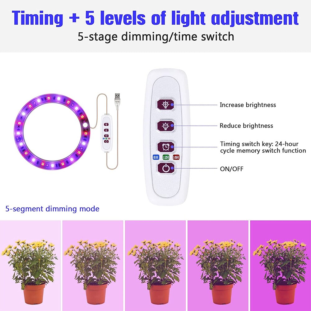 Luz LED anular para plantas, luz de crecimiento pequeño, atenuación de sincronización USB, adecuada para plantas de interior, luz suculenta para peceras