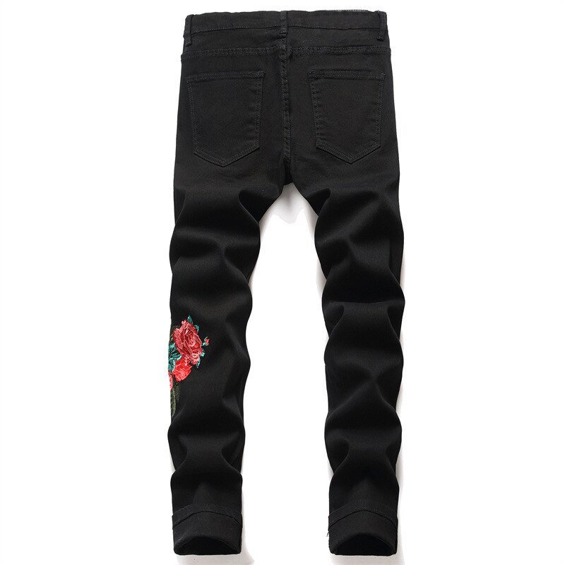 Mannen Rose Bloem Borduren Jeans Gaten Ripped Stretch Denim Broek Slanke Zwarte Broek