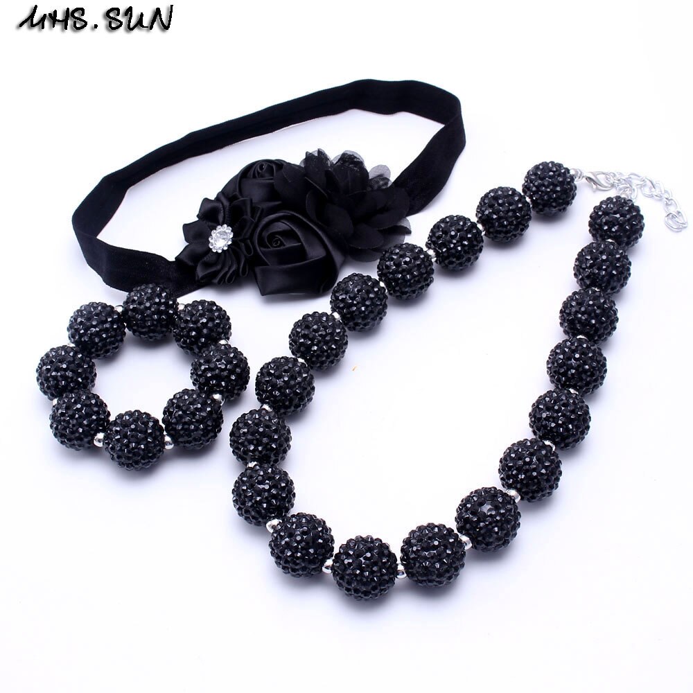 MHS.SUN Black Rhinestone Kid Bubblegum Chunky Bead Necklace Girl Children Jewelry Set Chunky Kid Headband Necklace&Bracelet Set