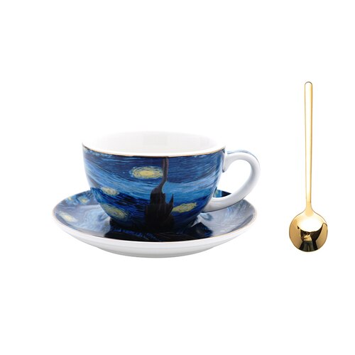 90/220/300/400ML Latte Cappuccino Espresso Mugs Coffe Mugs Set with Spoon Saucer Milk Cup Mug Van Gogh Oil Painting Style Cups: 220 ml with spoon