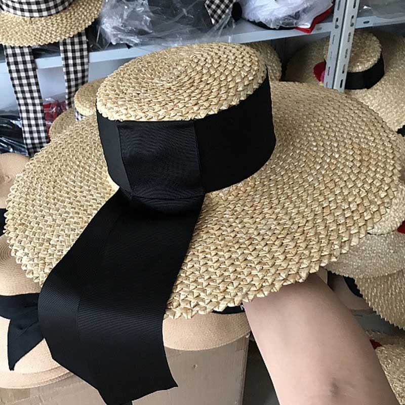 Kvinder klassisk hvede stråhat sommer cap 18cm store brede kant sol hat floppy bånd strand hat kald derby hat: 12cm rand stil 4