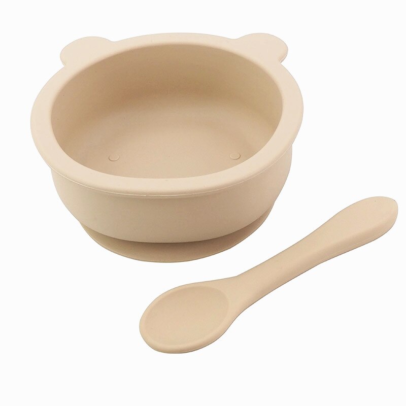 Chenkai 5Set 9 Color Baby Feeding Bowl Bear Shape Food Grade Silicone Anti-Flip Suction Tableware Infant Waterproof Bowl Spoon: Beach Sand