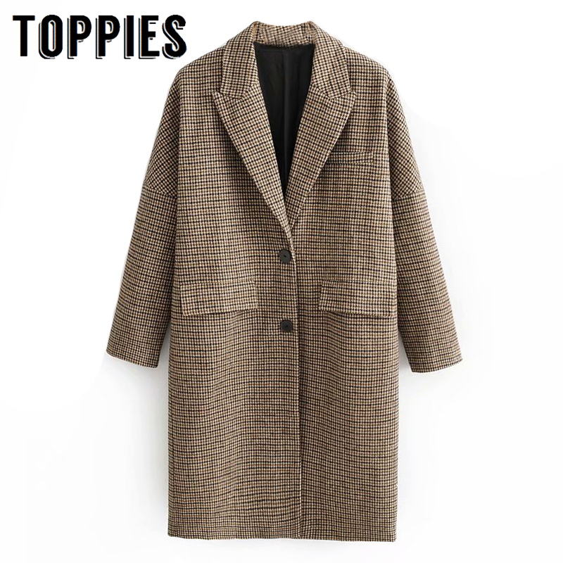 hiver Plaid Long manteau femmes simple Breated laine manteau Europe dames Vintage vêtements