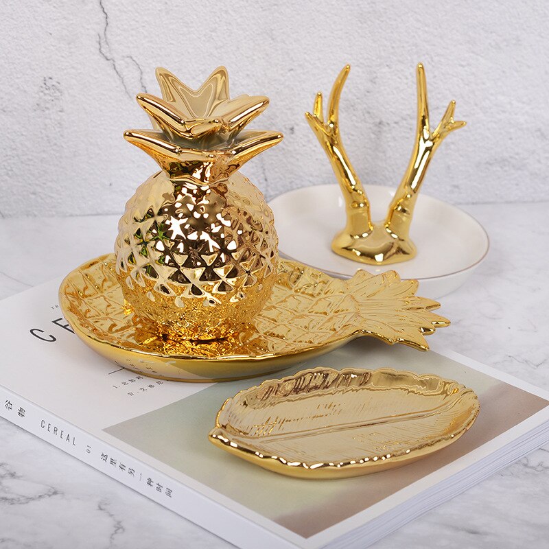 Keramische Ananas Opbergvak Gouden Ananas Vormige Sieraden Lade Gebak Gedroogd Fruit Plaat Fruitschaal Organizer