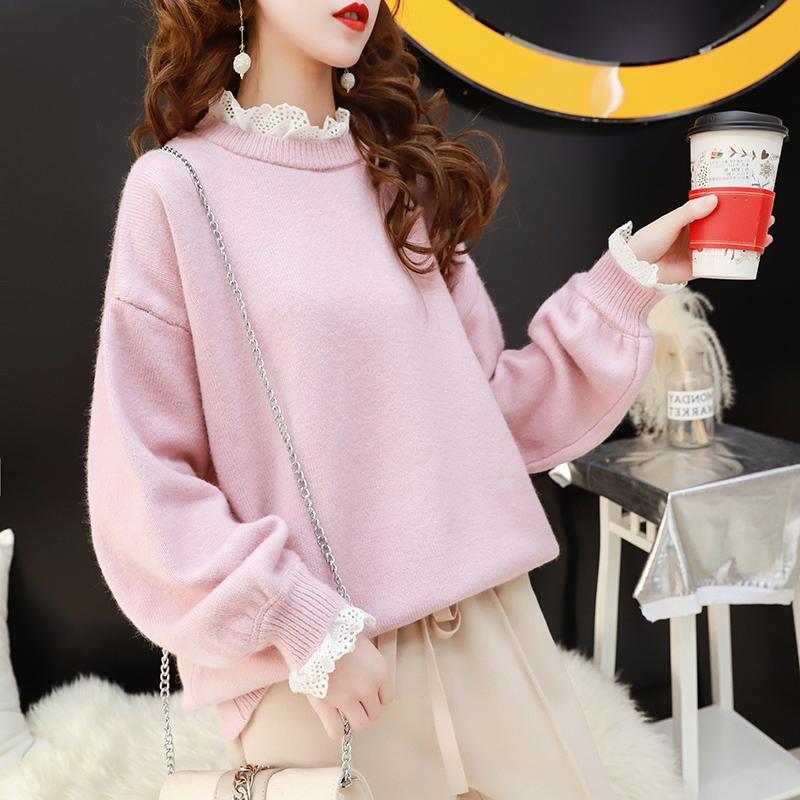 Lace Pullover Sweater Women 2022 Winter Spring Stitching Round Neck Loose Fit Warm Base Knitted Sweaters Sweet Female Flower
