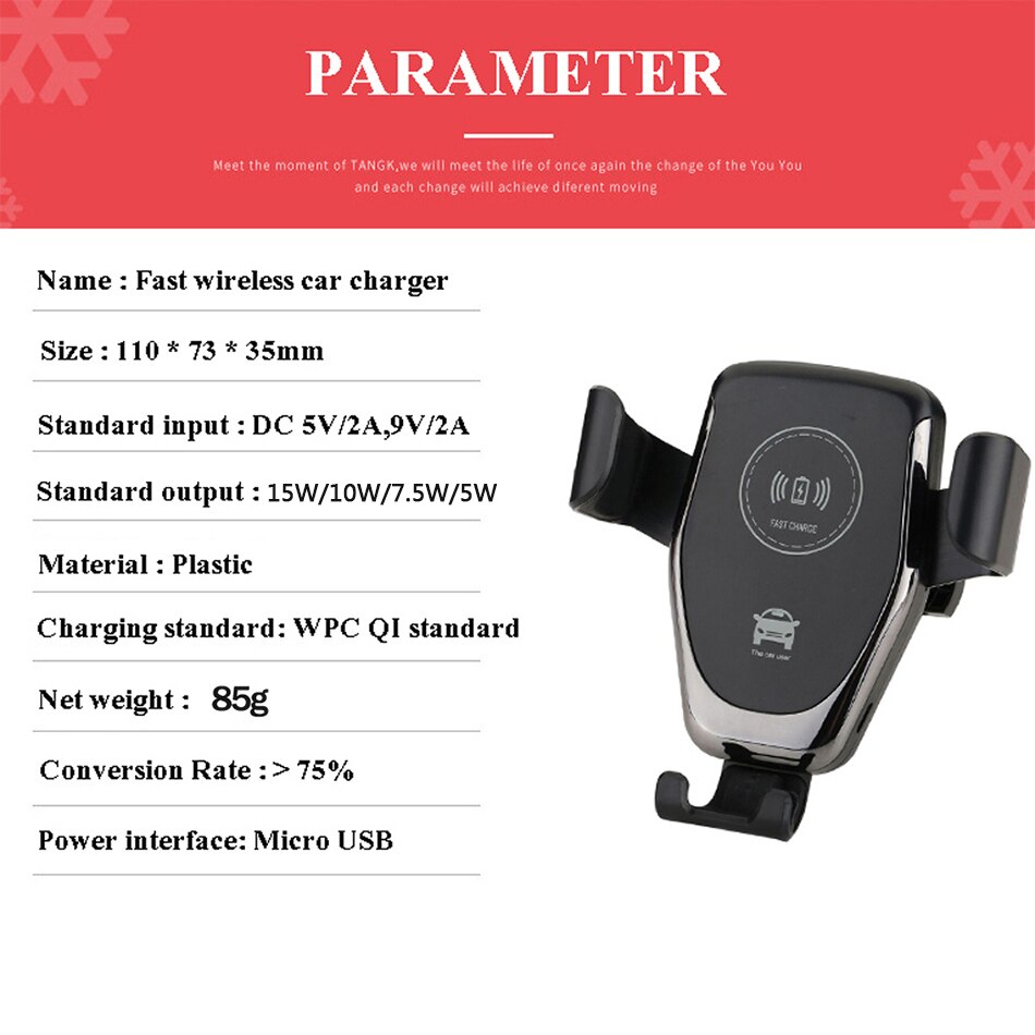 Cargador de coche inalámbrico Qi de 15W, soporte de teléfono de gravedad para Samsung S10, S20, S9, soporte de carga rápida de 10W para iPhone 12, 11, X, XS, MAX, XR