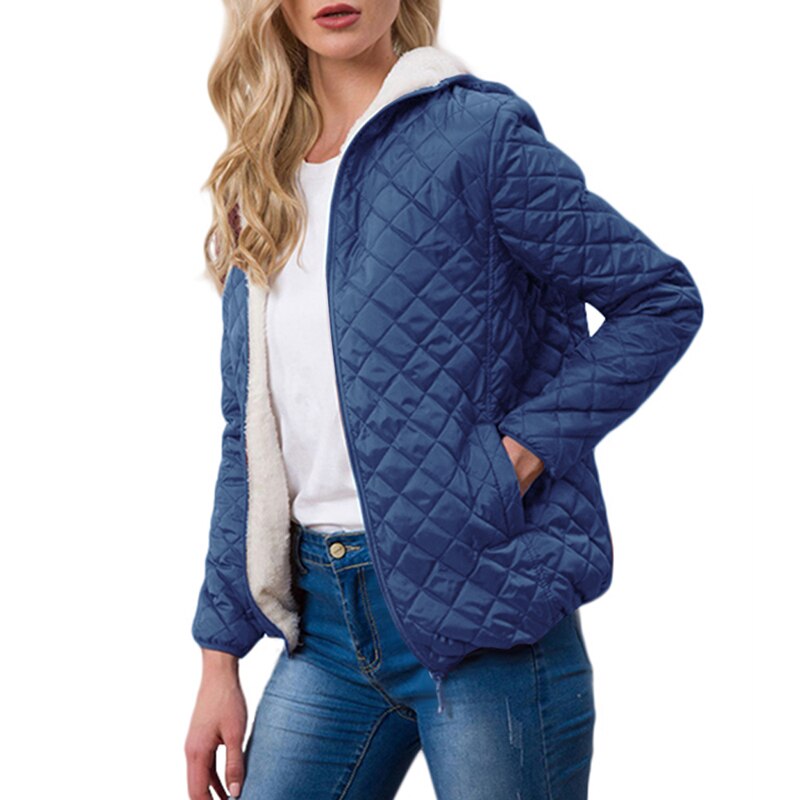 Automne Parkas basique vestes femme femmes hiver Plus velours agneau à capuche manteaux coton hiver veste femmes vêtements d'extérieur manteau: Dark Blue / XL
