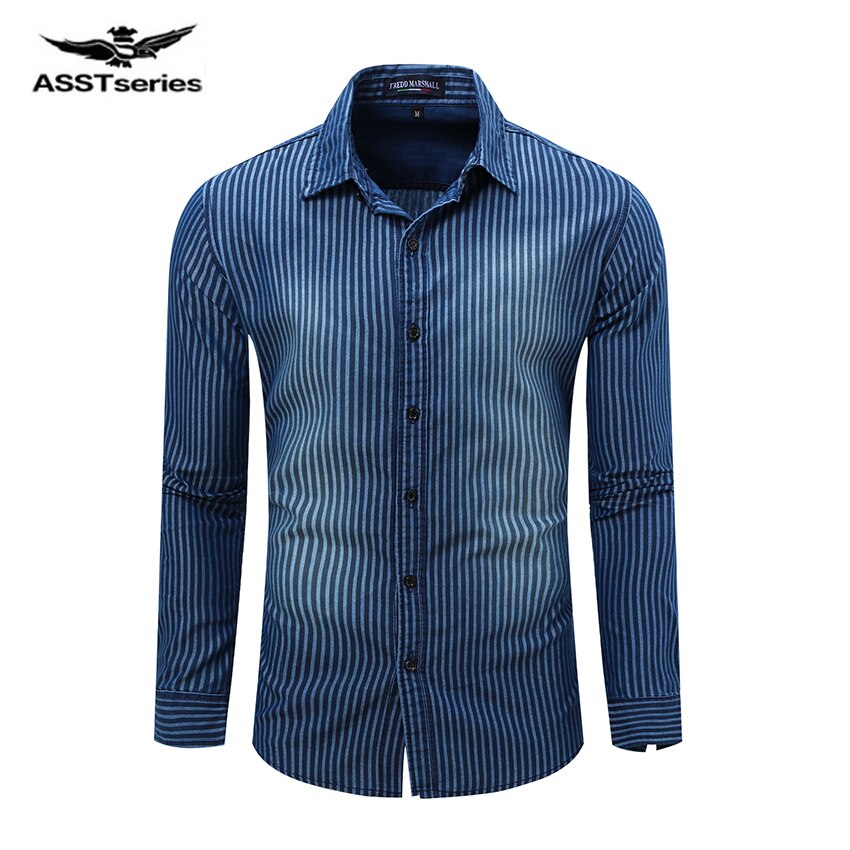 The Spring Large Size Men's Wear Collar Cardigan Long Sleeved Shirt Striped Cowboy Shirt 58.8