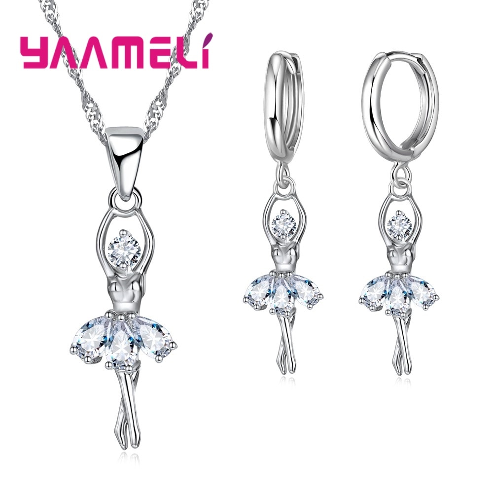 Solide S925 Sterling Silber Schmuck Sets Nette Ballett Tänzerin Halskette Hoop Schleife Ohrringe für Frauen Party