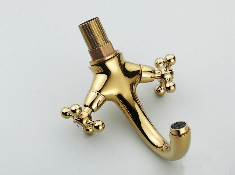 Robinets mélangeurs à col de cygne plaqué or | Robinets de lavabo, Double poignée chaude et froide, robinetterie d'évier monté sur le pont, grue G1005