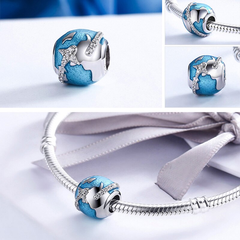 WOSTU Travel Around World Charms 100% 925 Sterling Silver Airplane Blue Beads Fit Original Bracelet Pendant DIY Necklace Jewelry