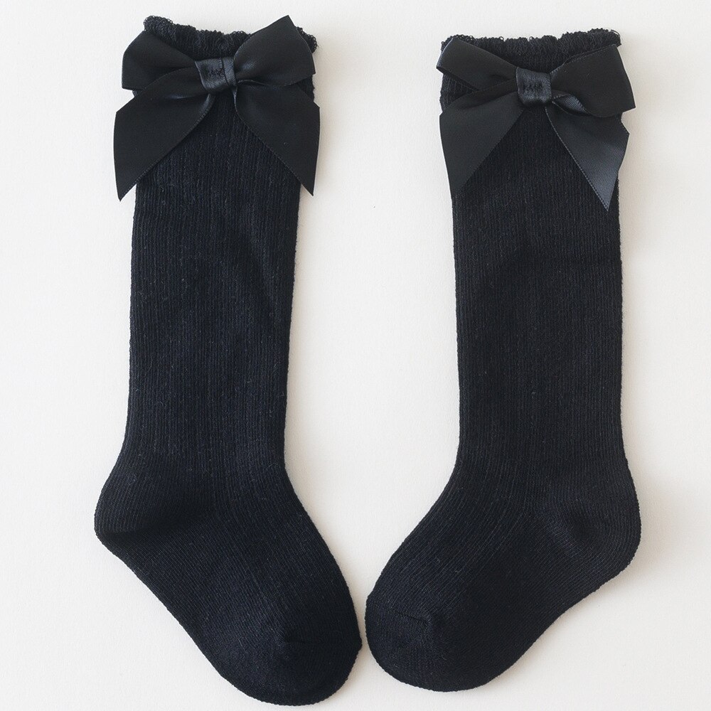 Balleenshiny – chaussettes pour enfants, en coton, avec gros nœud aux genoux, longues et douces, en dentelle, pour bébés filles: Black / for 1-3years