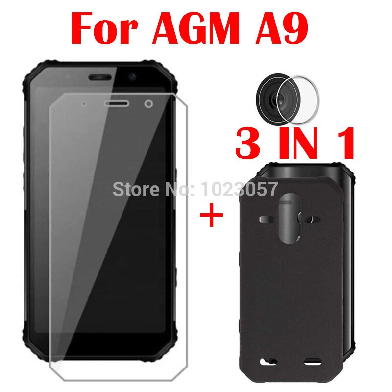 Funda 3 en 1 + cristal templado para cámara AGM A9, protector de pantalla de vidrio para AGM A9 2.5D: 3 in 1Black Case