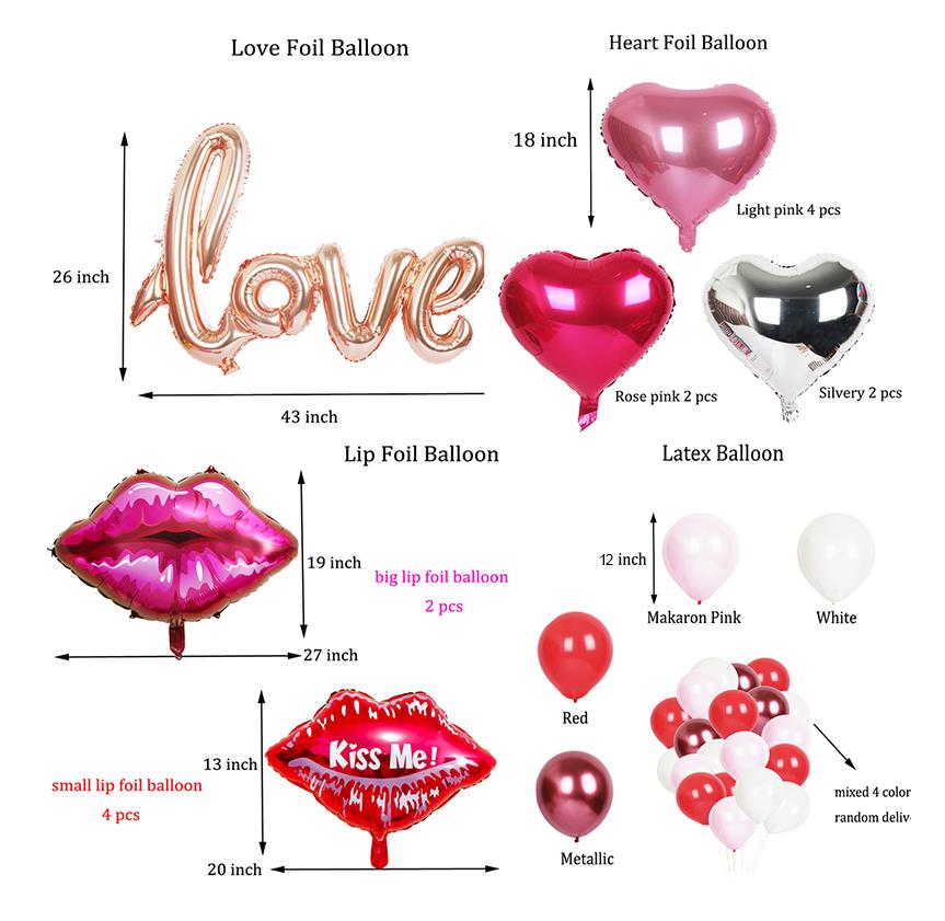 38pcs Bridal Douche kus lip/liefde folie ballon party decoraties team hart/latex/roze ballon mariage bruiloft ballonnen bruid: Default Title