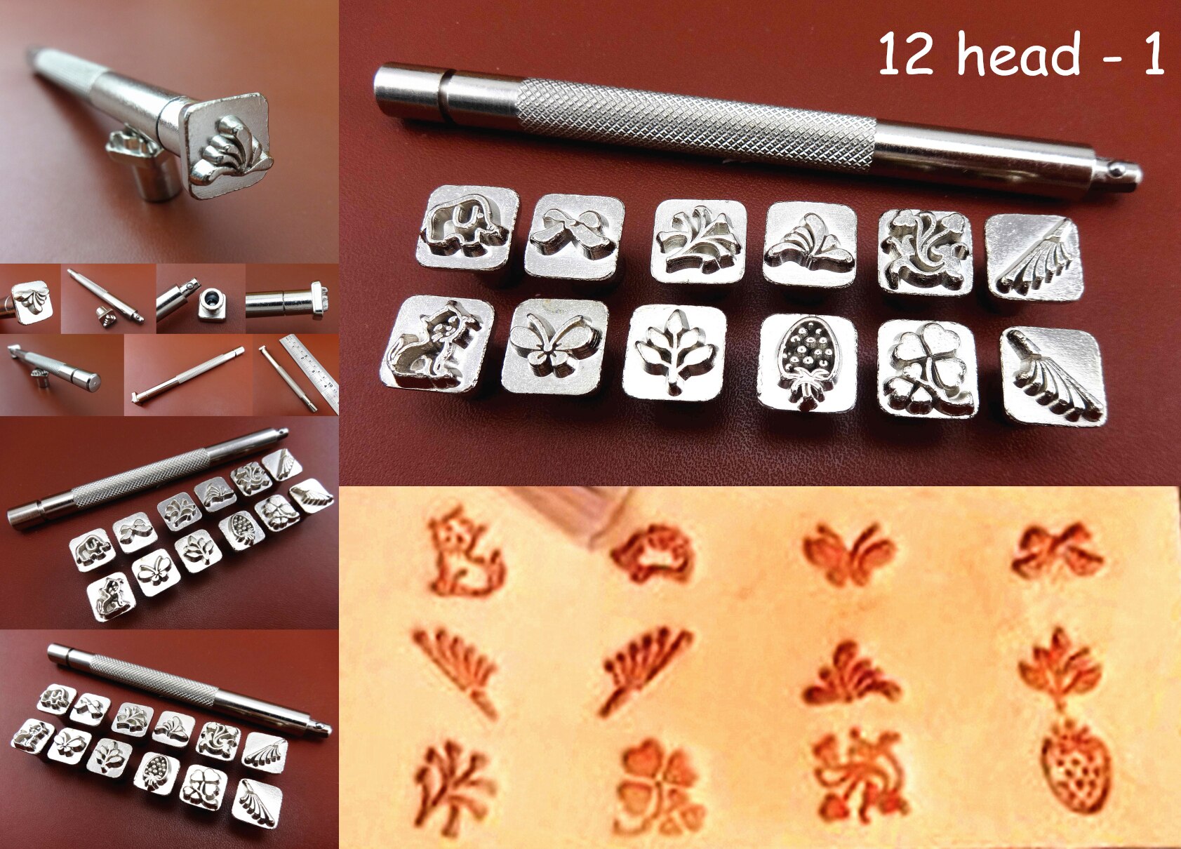 13pcs Leathercraft Stamping Carve Modelling Splice Emboss Print Punch Tool Set Flowers Seal - Edger Creaser Groover Skiver Bevel