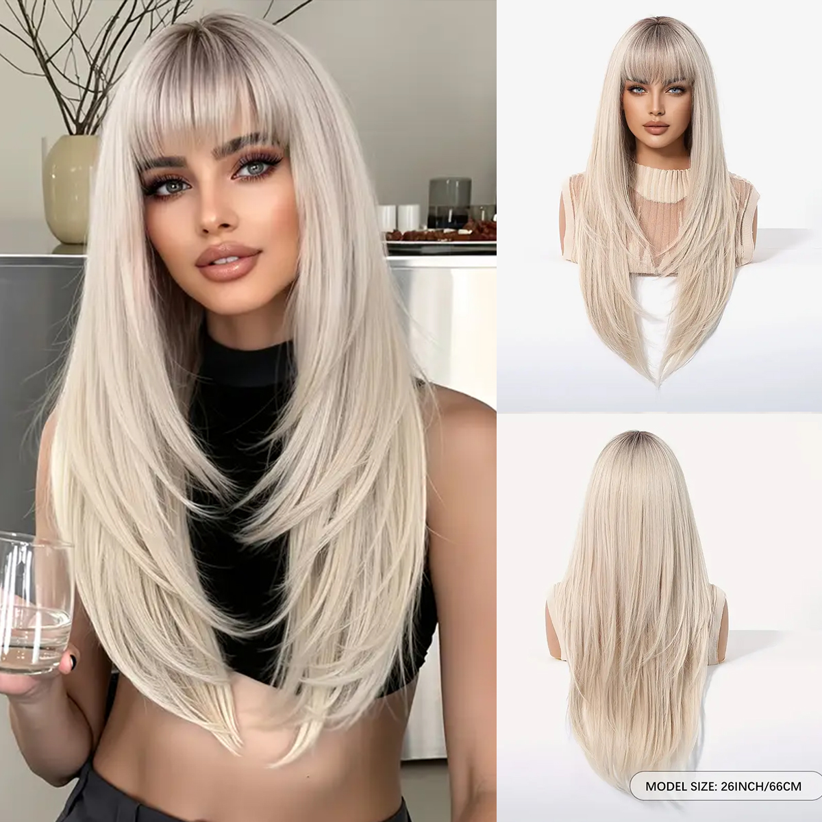 Easihair lång silverfärgad med blonda slingor syntetiska peruker för kvinnor rak med lugg naturlig peruk cosplay-hår värmebeständigt