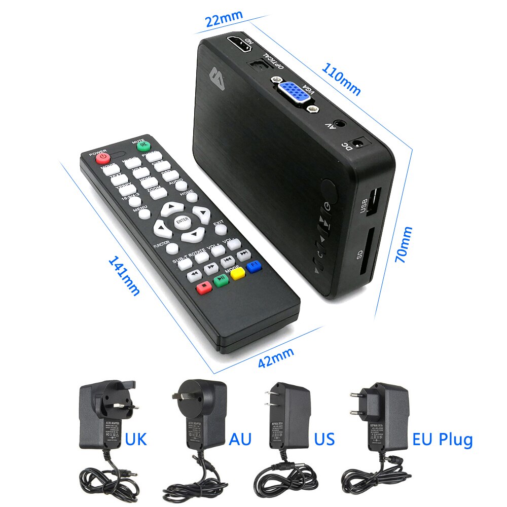 Mini reproductor multimedia Full HD Autoplay USB HDD externo SD U Disk reproductor multimedia con cargador de coche HDMI VGA AV para MKV RMVB
