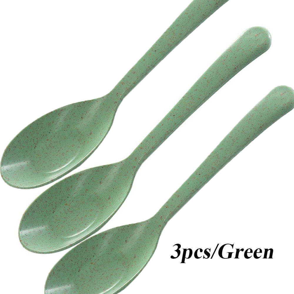 1/3PCS Eco Friendly Wheat Straw Kids Soup Spoon Portable Long Handle Rice Spoon Tableware Home Flatware Kitchen Tool: 3pcs-Green