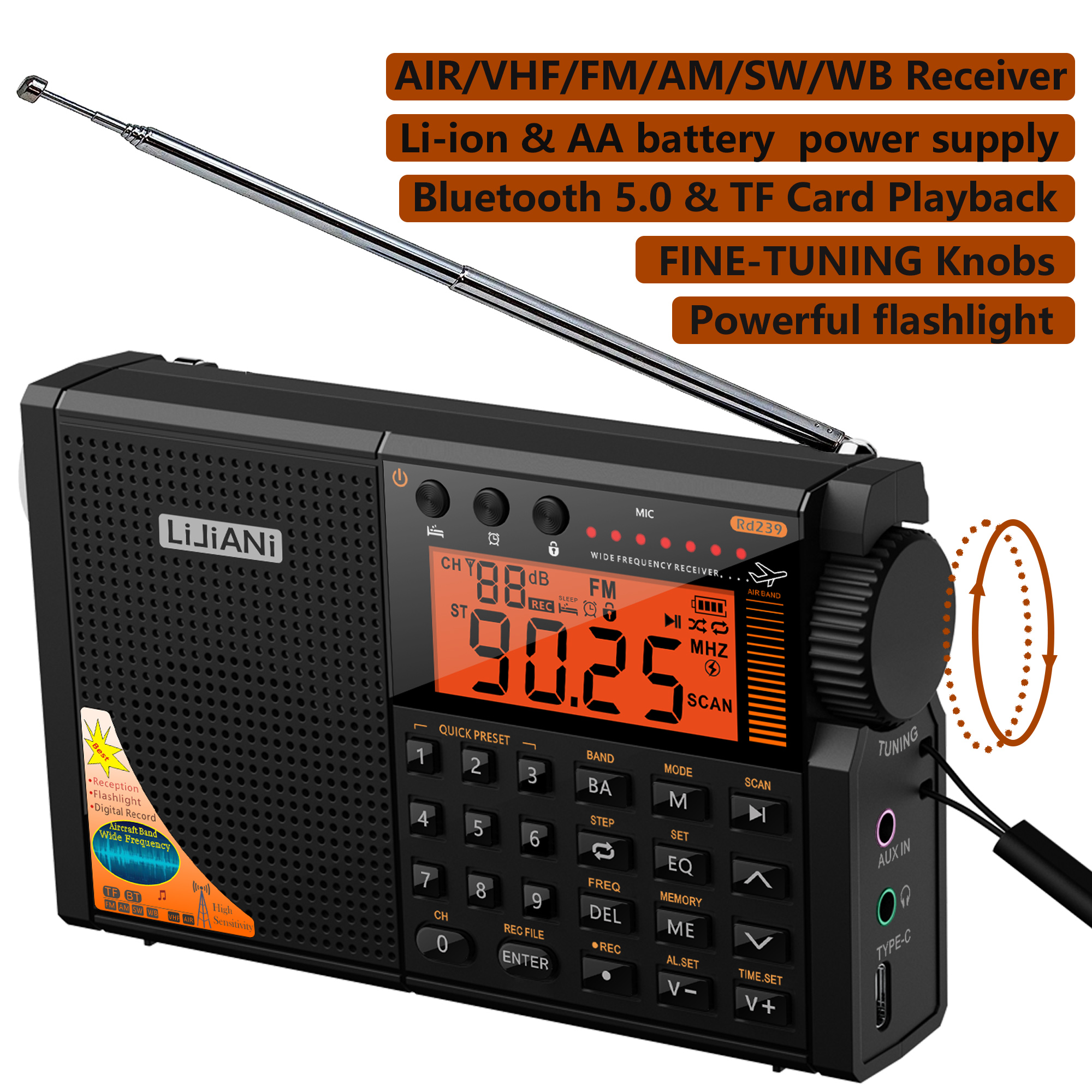 Rd239 fm sw mw vhf air wb alle welt band radio mit bluetooth/tf kartens pieler, digitale aufnahme, wecker amateur kurzwellen radio