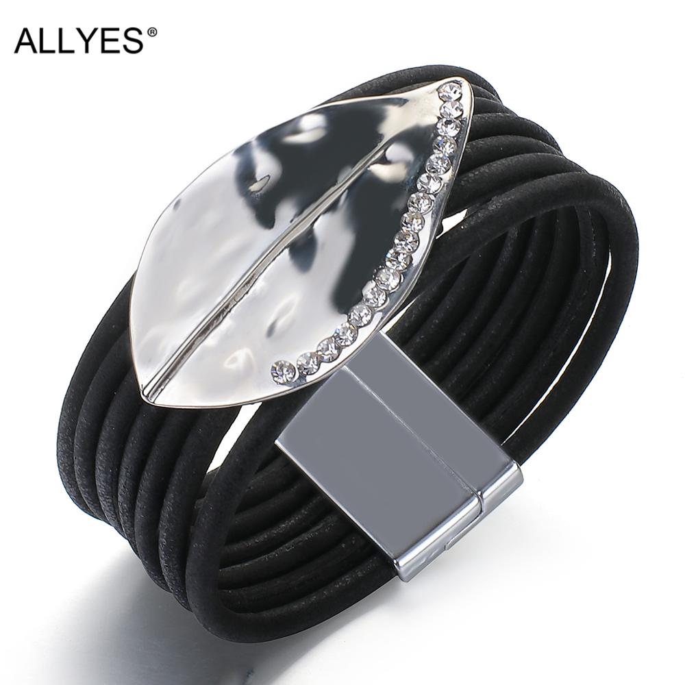 Allyes Zwart Rhinestone Leaf Charm Lederen Armbanden Unisex Multilayer Eenvoudige Wrap Armband Party Club Jewelry
