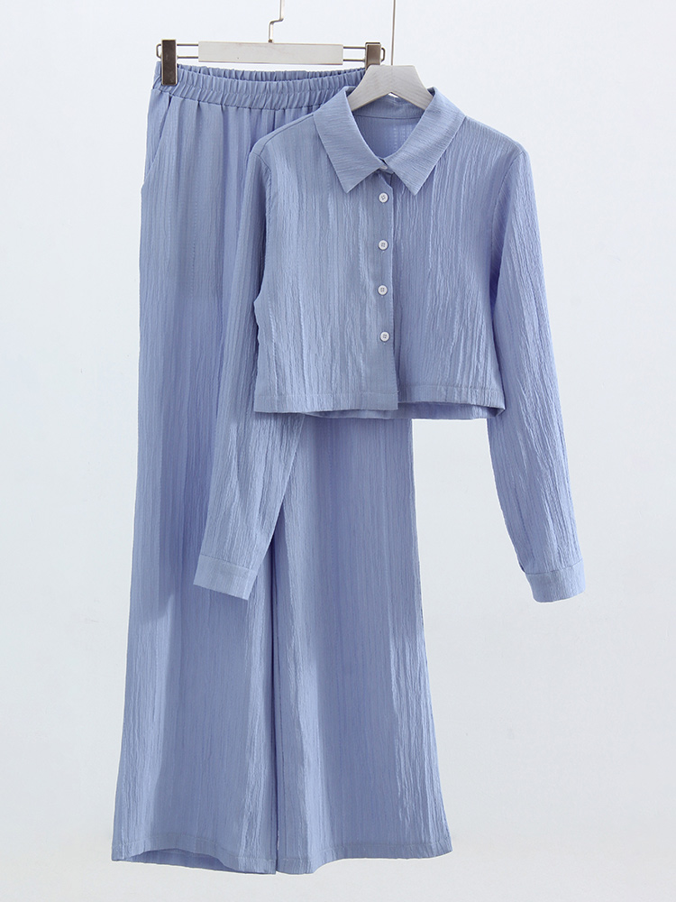 Sommersæt med crop top og bukser til kvinder, 2- delte lige bukser, damejakkesæt, 2-delte sæt til kvinder, skjorte og bukser: S / Lyseblå