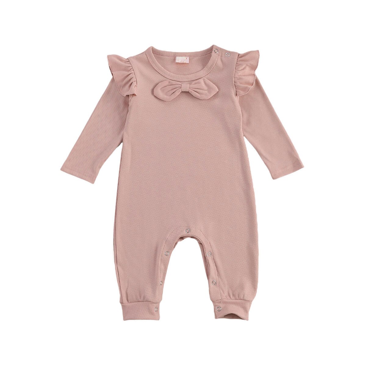 Baby Baby Meisjes Effen Kleur Geribbelde Jumpsuit Peuter Jongen Meisje Lange Flying Mouwen Boog Geribbelde Romper Strikje Knop Broek: Roze / 9m