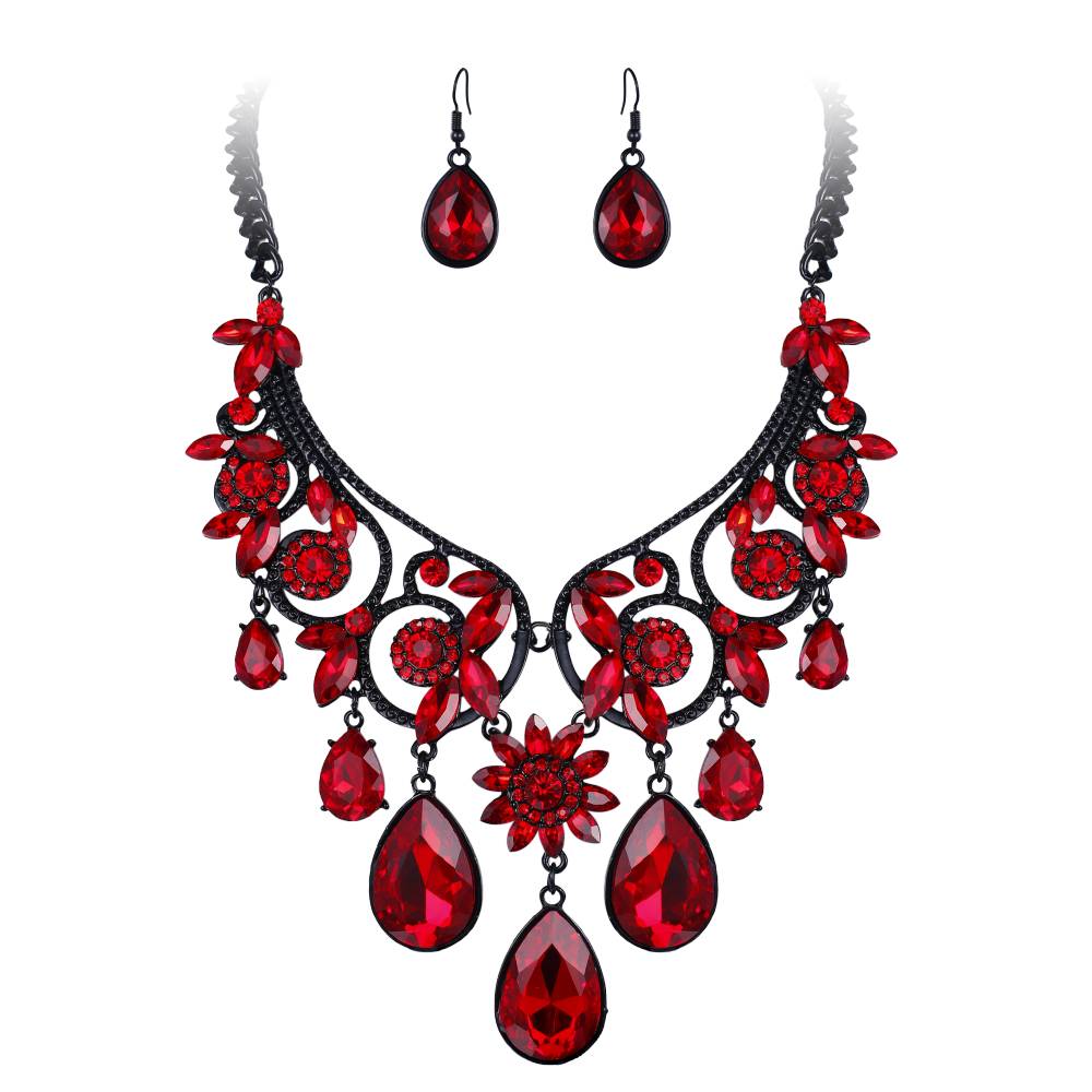 Ensemble de Bijoux de mariée en cristal, Collier de fleurs, boucles d&#39;oreilles, ras du cou, Bijoux Kpop, fête de mariage, Mangalsutra, à la: Red