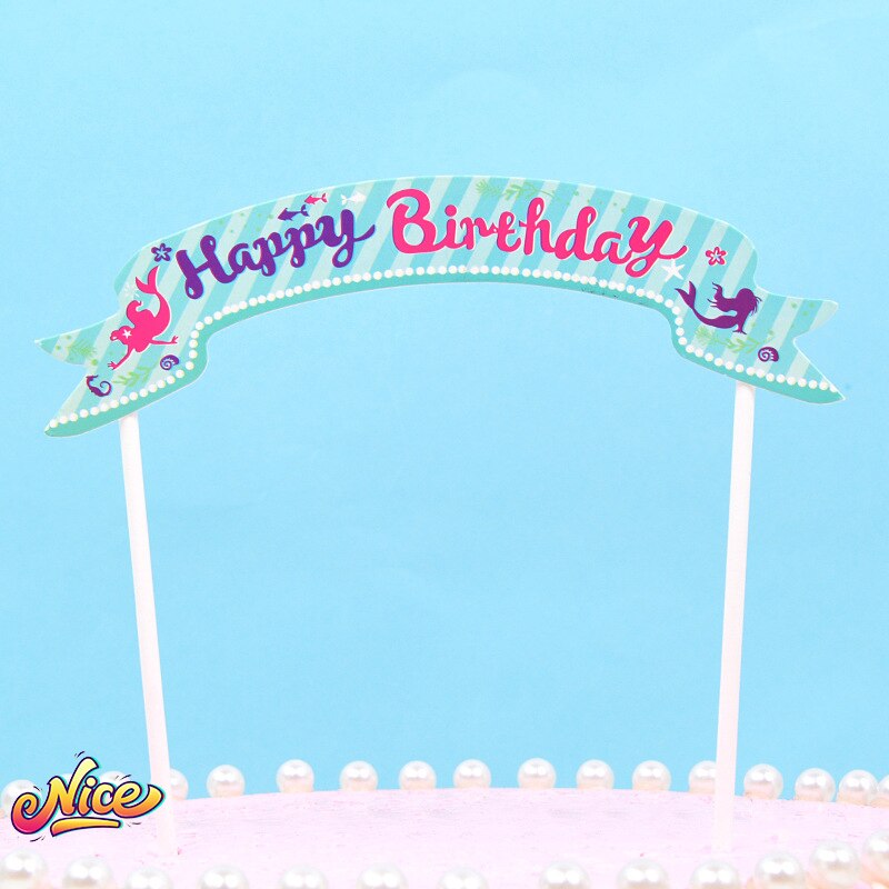 5 unids/lote Topper para tarta de feliz cumpleaños decoración signo Topper de la torta de cumpleaños insertar chica sirena cumpleaños postre Decoración